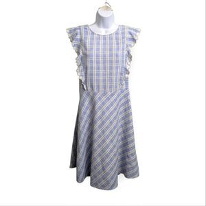 Draper James Cotton Linen Blue Plaid Fit & Flare Dress Size 14 Open Back Easter